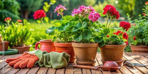 A beautifully arranged patio setting features a pair of gardening gloves beside a terracotta pot containing a lush geranium plant, surrounded by lush greenery. photo