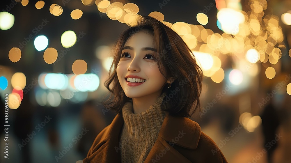 A young woman smiles joyfully under festive lights, capturing the essence of a magical evening filled with warmth and wonder. A young woman smiles joyfully under festive lights, capturing the essence of a magical evening filled with warmth and wonder.