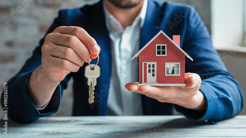 A real estate agent holding keys and a house model, ready to sell the property. Close-up of hands with keys on a keychain and a small toy house. A man in professional attire.
