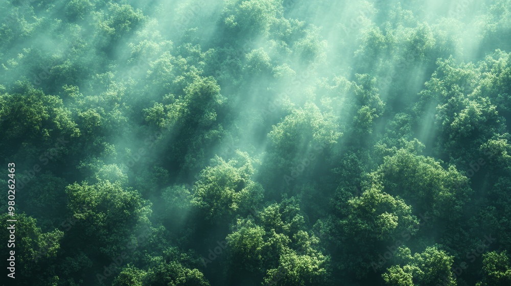 Overhead shot of a mist-covered tropical forest, lush green treetops reaching towards the sky, detailed textures and soft shadows, Fantasy, Illustration, Earthy tones with light haze Overhead shot of a mist-covered tropical forest, lush green treetops reaching towards the sky, detailed textures and soft shadows, Fantasy, Illustration, Earthy tones with light haze