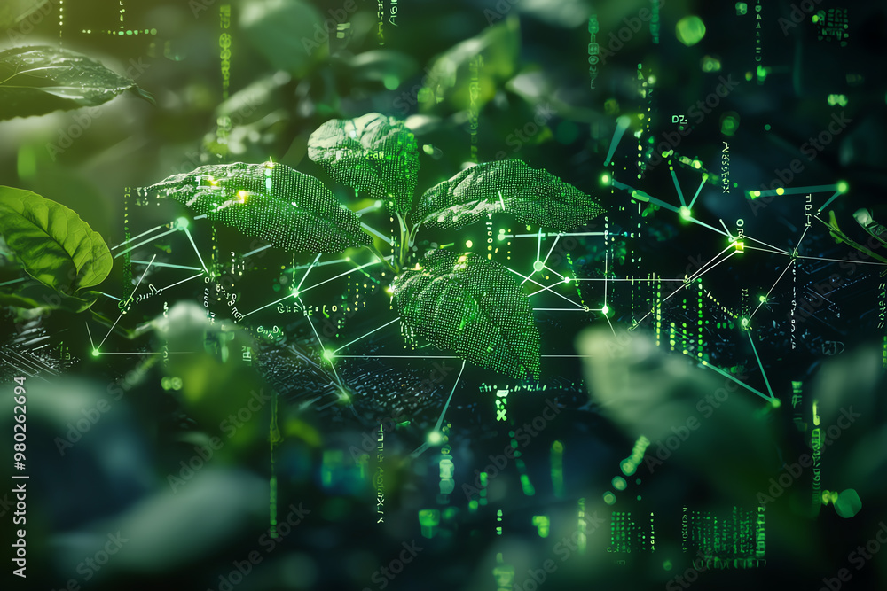 A vibrant green plant surrounded by digital elements, symbolizing the fusion of nature and technology in agriculture. A vibrant green plant surrounded by digital elements, symbolizing the fusion of nature and technology in agriculture.
