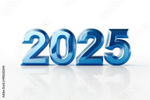 Happy new year "2025" 3D blue text isolated over white background with reflection and shadow. 3D rendering with generative ai