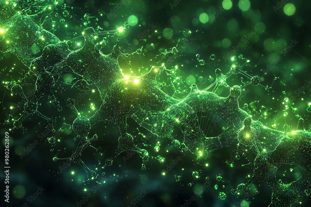 Abstract green molecular structure with luminous particles, creating a futuristic and scientific atmosphere. Abstract green molecular structure with luminous particles, creating a futuristic and scientific atmosphere.