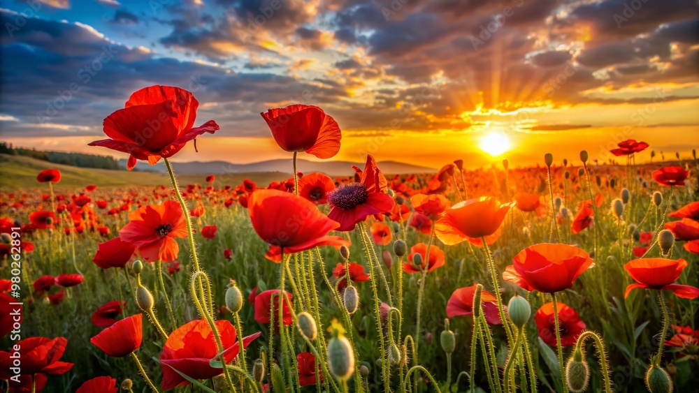 Obraz premium Vibrant red poppy flowers sway gently in a breathtaking landscape at sunset, as the warm golden light of the low-horizon sun casts a serene atmosphere.