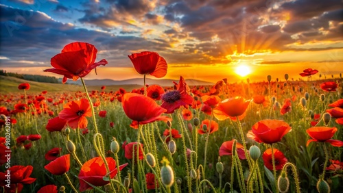 Vibrant red poppy flowers sway gently in a breathtaking landscape at sunset, as the warm golden light of the low-horizon sun casts a serene atmosphere.