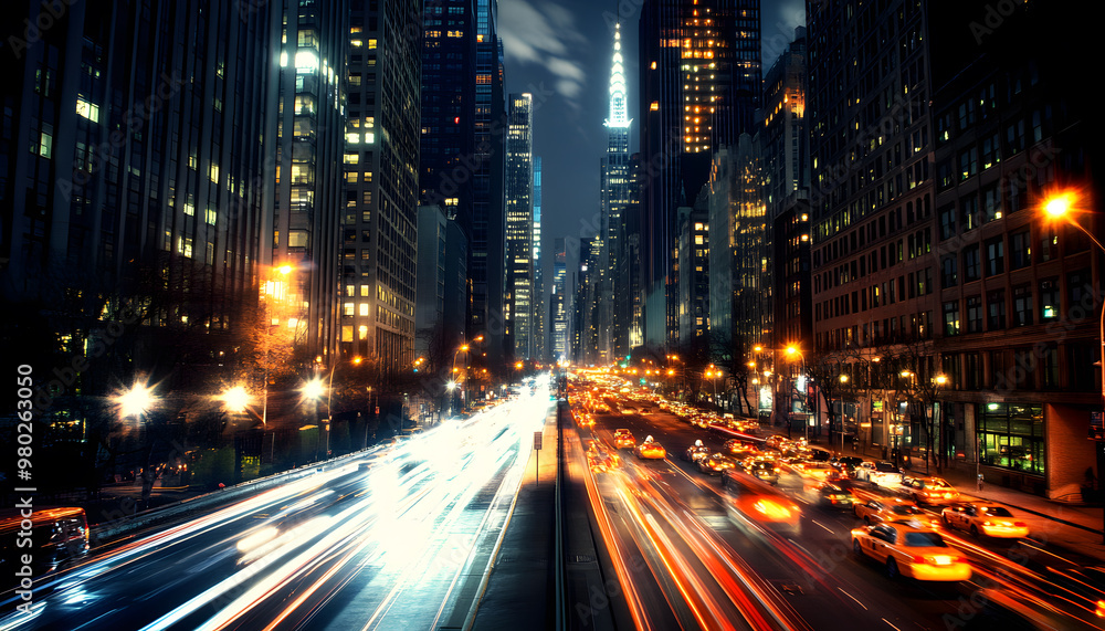 Naklejka premium A bustling city at night, with skyscrapers illuminated and traffic creating streaks of light