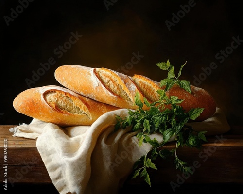 Freshly baked baguettes displayed on a rustic table, draped in soft cloth, accompanied by herbs for a warm, inviting feel.