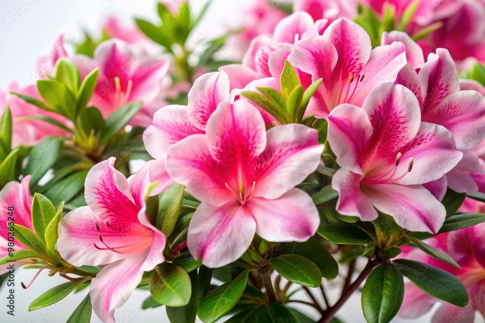 Delicate pink azalea flowers bloom in vibrant splendor against a clean white background, showcasing their intricate petals and lush green leaves in stunning detail. Delicate pink azalea flowers bloom in vibrant splendor against a clean white background, showcasing their intricate petals and lush green leaves in stunning detail.