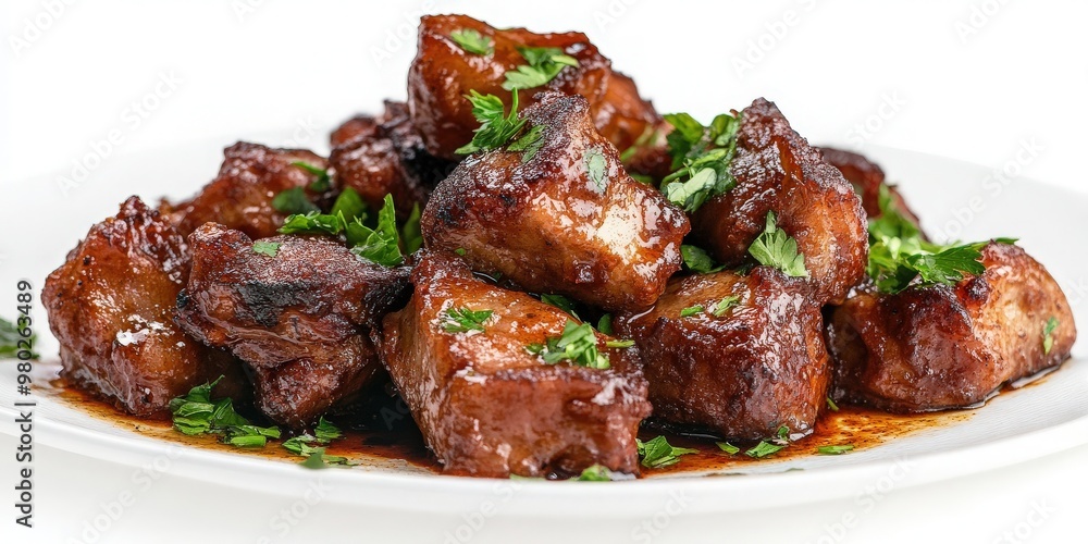 Savory and tender pieces of meat garnished with fresh herbs, showcasing mouthwatering flavors and rich textures on a white plate. Savory and tender pieces of meat garnished with fresh herbs, showcasing mouthwatering flavors and rich textures on a white plate.