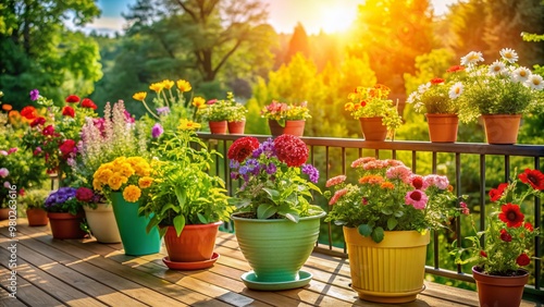 Vibrant summer flowers in colorful pots adorn a sun-kissed balcony or terrace, creating a breathtakingly beautiful home decoration display amidst lush greenery and warm ambiance.