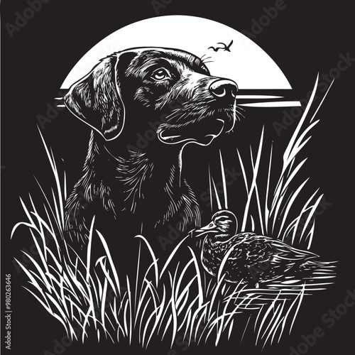 Labrador Retriever hunting duck vector logo