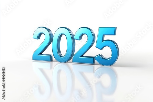 Happy new year "2025" 3D blue text isolated over white background with reflection and shadow. 3D rendering with generative ai