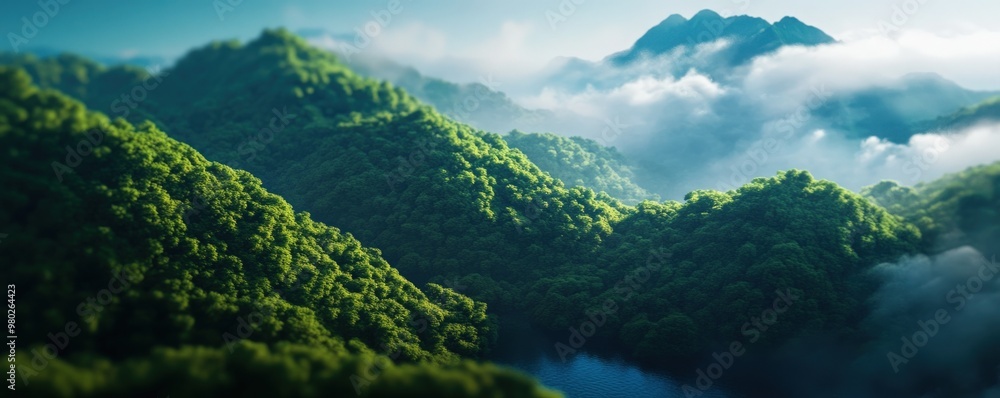 A breathtaking view of lush green mountains shrouded in mist, showcasing the beauty and serenity of nature. A breathtaking view of lush green mountains shrouded in mist, showcasing the beauty and serenity of nature.