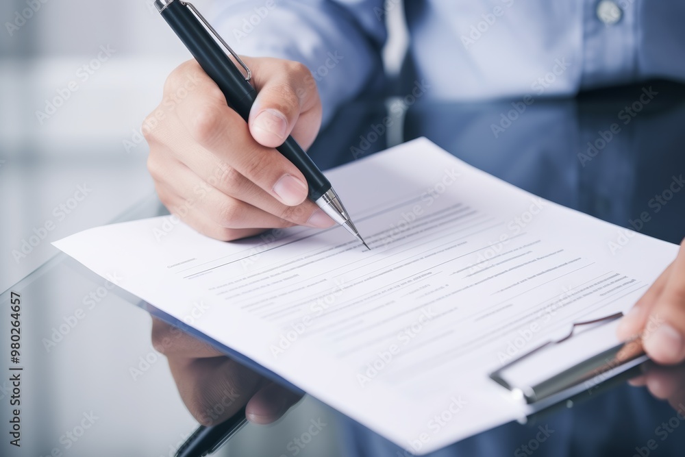 A hand holding a pen is poised over a document, indicating the act of signing important papers. The setting features a clean desk and bright lighting, suggesting professionalism A hand holding a pen is poised over a document, indicating the act of signing important papers. The setting features a clean desk and bright lighting, suggesting professionalism