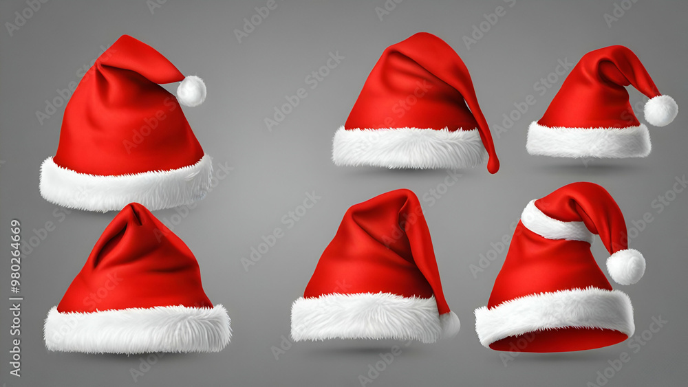 Realistic set of red santa hats. New Year red hat stock vector gray background, Realistic set of red santa hats. New Year red hat stock vector gray background,