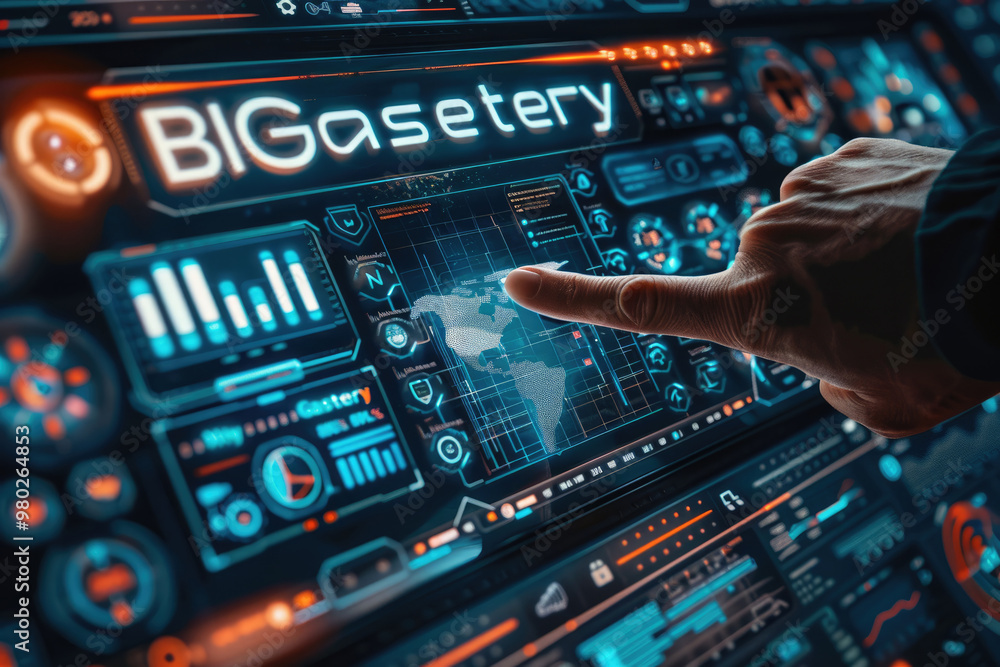 Obraz premium Finger touch screen, artificial intelligence big data