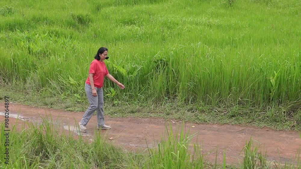Asia women walking on the meadow Asia women walking on the meadow
