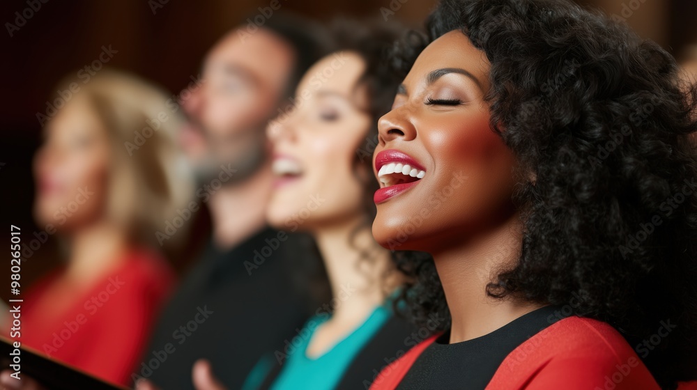 Diverse choir joyfully singing in church for celebration - ideal for posters, cards, or worship themes Diverse choir joyfully singing in church for celebration - ideal for posters, cards, or worship themes