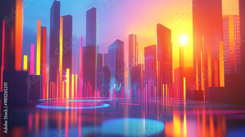 Virtual TV Studio with Stock Market Charts, Cityscape, and Neon Geometric Background