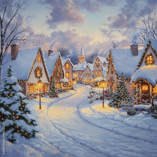 Christmas town, glowing colors and soft light from festive decorations, fairy tale-like streets covered in snow, warm lights glowing from cottages, magical winter atmosphere, dreamy and festive