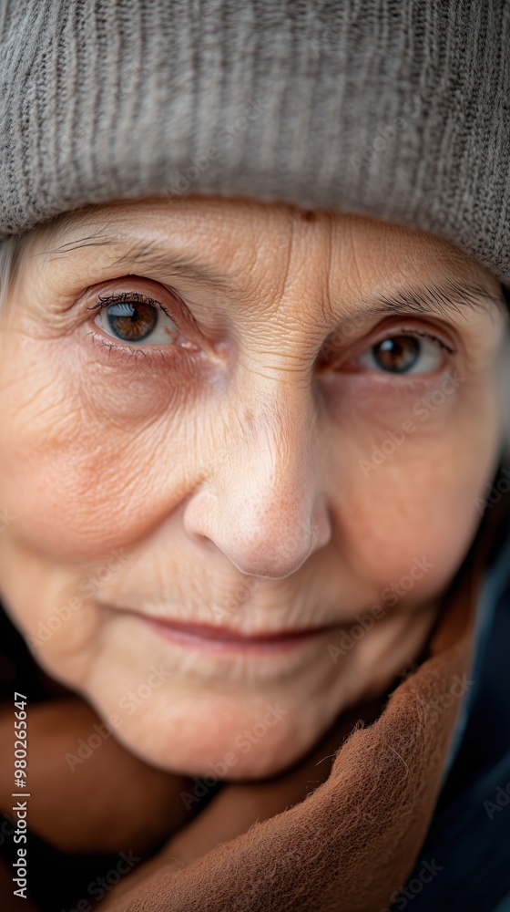 Elderly woman with kind eyes in winter attire - portrait for print, card, poster Elderly woman with kind eyes in winter attire - portrait for print, card, poster