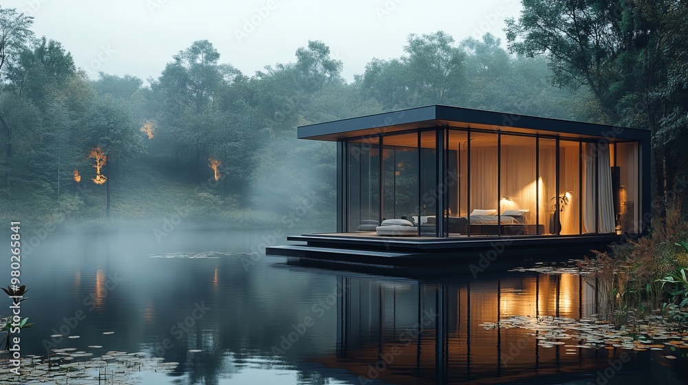 Futuristic cube home floating above a still lake, all-glass walls offering panoramic views of the forest and water, soft morning light illuminating the scene Futuristic cube home floating above a still lake, all-glass walls offering panoramic views of the forest and water, soft morning light illuminating the scene