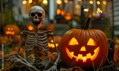 Skeleton sits at a table with mini pumpkins. Halloween concept