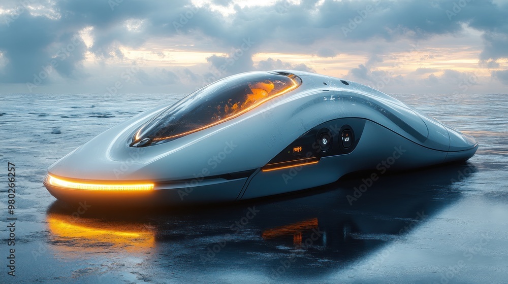 Futuristic vehicle on a reflective surface under dramatic clouds. Futuristic vehicle on a reflective surface under dramatic clouds.