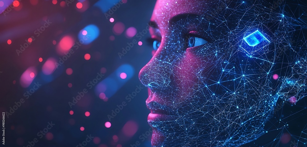 Facial recognition AI depicted, underlining its role in verifying identity. Facial recognition AI depicted, underlining its role in verifying identity.