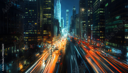 A bustling city at night, with skyscrapers illuminated and traffic creating streaks of light