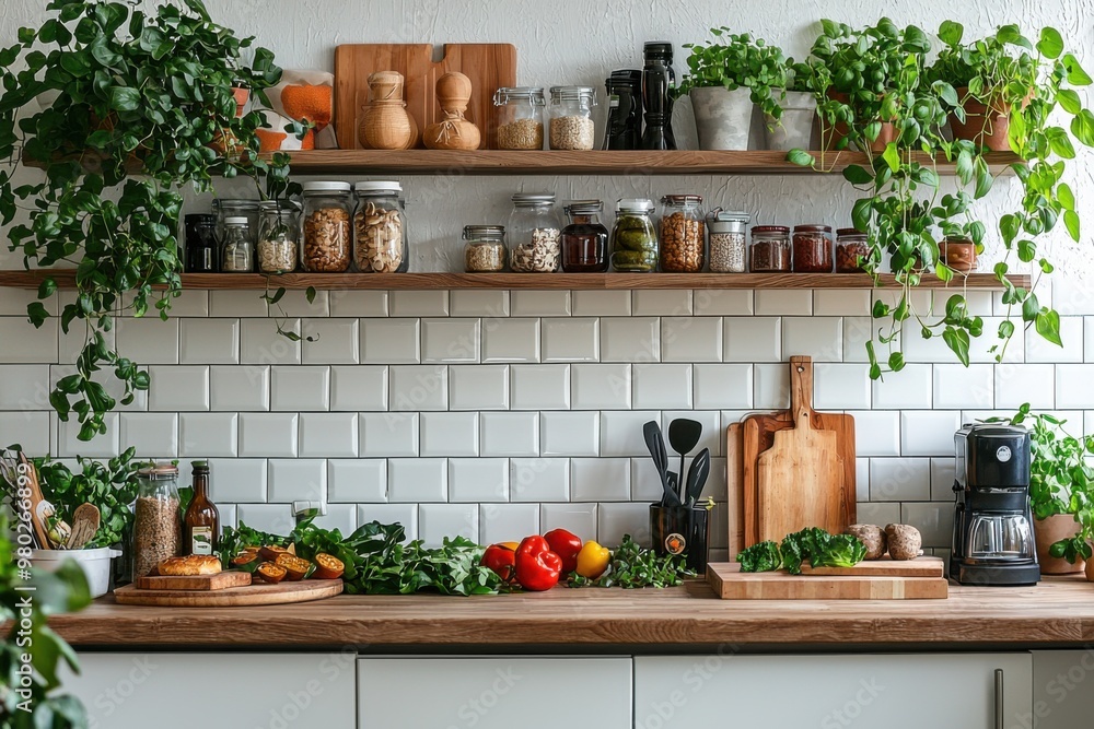 Kitchen Interior with Plants, White Tiles and Wooden Shelves. Kitchen Interior with Plants, White Tiles and Wooden Shelves.