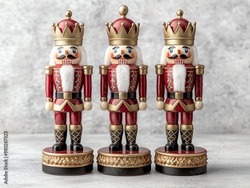Three ornate red and gold nutcrackers with crowns standing on a light gray background.
