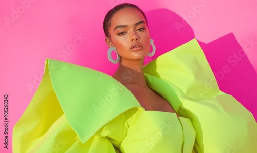 Vibrant Yellow and Lime Green Fashion Model Against Minimalist Pink Background photo