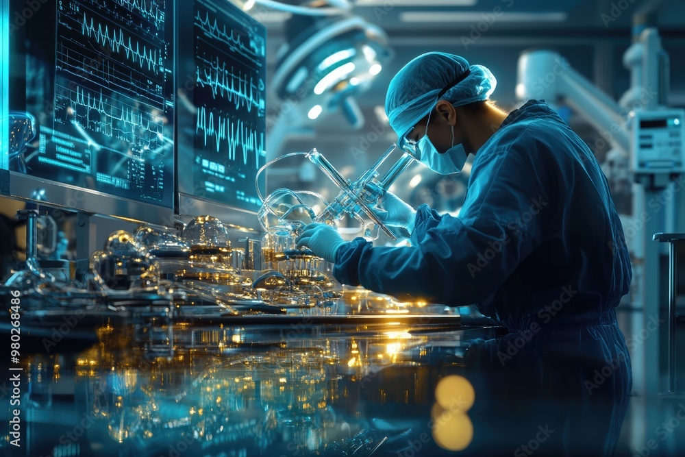 Very realistic and photographic photo of a scientist working with cutting-edge DNA research tools in a sleek lab, surrounded by futuristic holographic displays symbolizing medical innovation. The Very realistic and photographic photo of a scientist working with cutting-edge DNA research tools in a sleek lab, surrounded by futuristic holographic displays symbolizing medical innovation. The