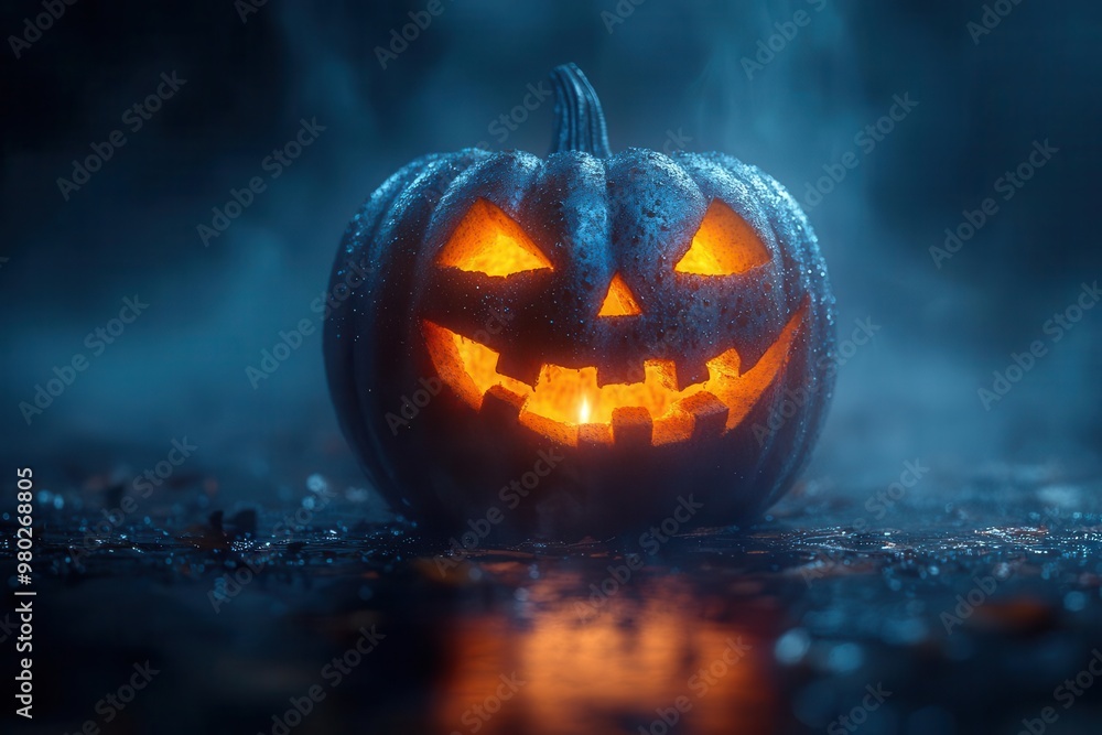 eerie carved pumpkin with flickering candlelight on misty dark background spooky halloween atmosphere with dramatic shadows and orange glow eerie carved pumpkin with flickering candlelight on misty dark background spooky halloween atmosphere with dramatic shadows and orange glow