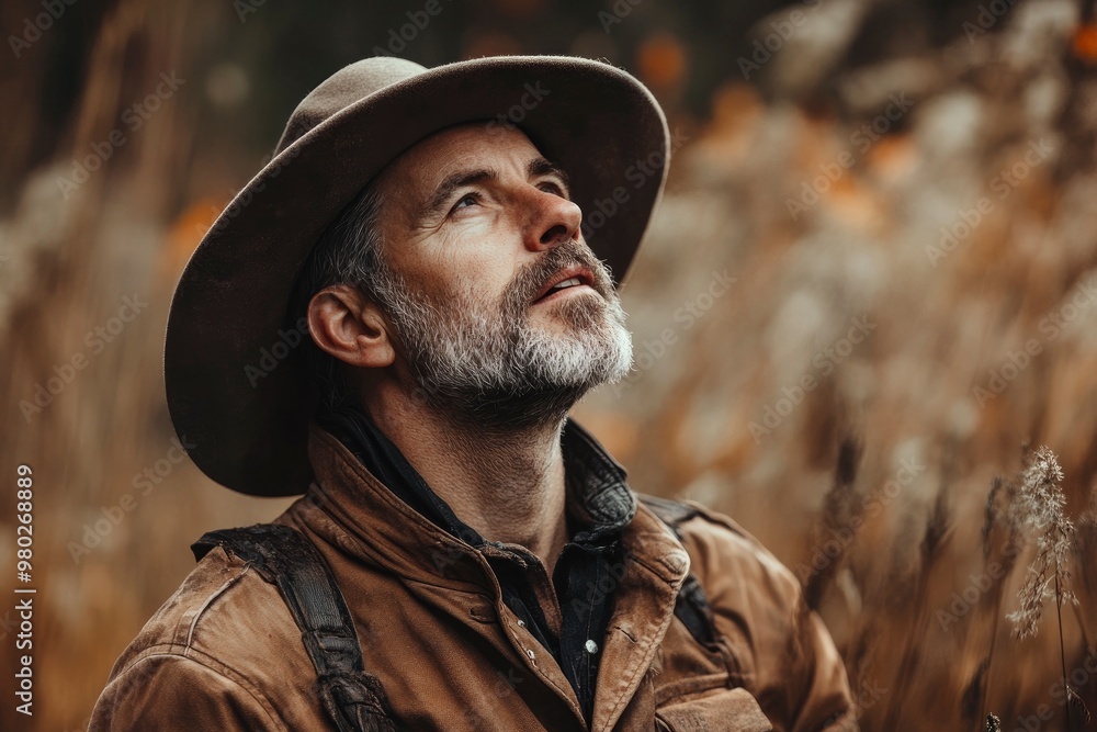 Fototapeta premium man with hat in nature brown clothes, adventures orgues with generative ai