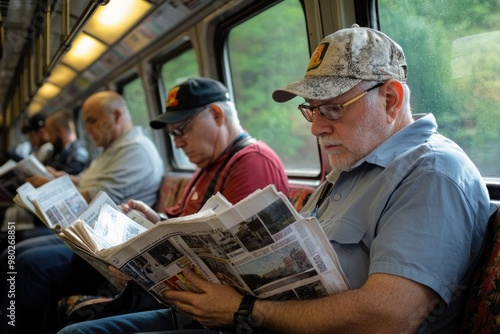 Morning train ride with commuters reading newspapers, Monday morning, daily routine