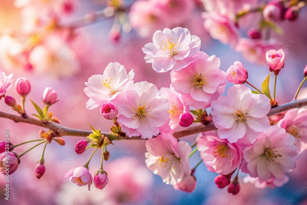 Delicate pink cherry blossom flowers unfold against a soft focus background, showcasing intricate petals and tender buds on a majestic branch in full bloom. Delicate pink cherry blossom flowers unfold against a soft focus background, showcasing intricate petals and tender buds on a majestic branch in full bloom.