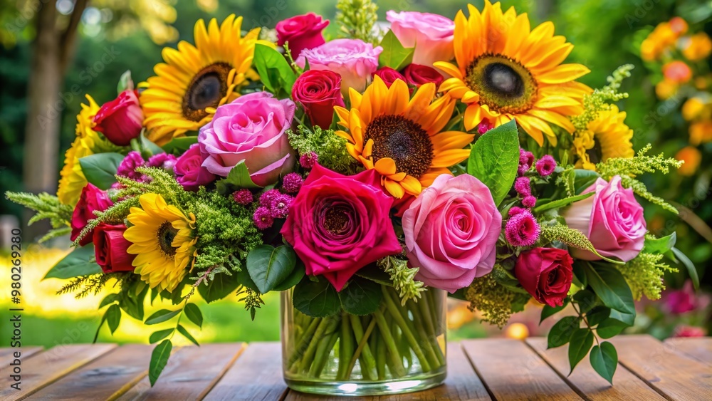 Vibrant pink roses, sunflowers, and lush greenery are artfully arranged in a stunning bouquet, beautifully decorating a table with a pop of colorful elegance. Vibrant pink roses, sunflowers, and lush greenery are artfully arranged in a stunning bouquet, beautifully decorating a table with a pop of colorful elegance.