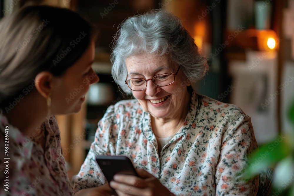 Senior woman learning to use a smartphone to send text messages and make video calls, with an instructor nearby Senior woman learning to use a smartphone to send text messages and make video calls, with an instructor nearby