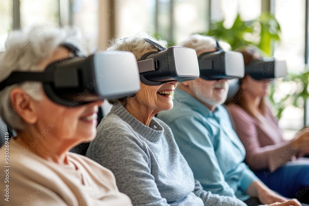Group of seniors in a VR class, each wearing headsets and exploring different virtual environments together Group of seniors in a VR class, each wearing headsets and exploring different virtual environments together