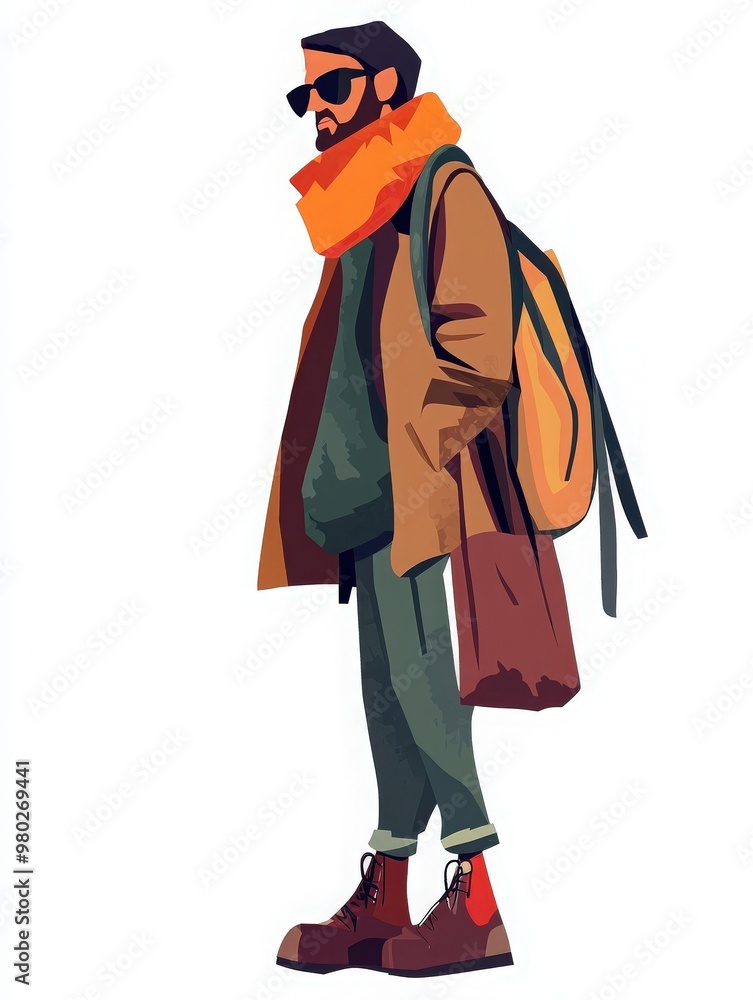 Stylish young man in autumn attire, featuring sunglasses, scarf, and backpack against a minimalistic background. Stylish young man in autumn attire, featuring sunglasses, scarf, and backpack against a minimalistic background.