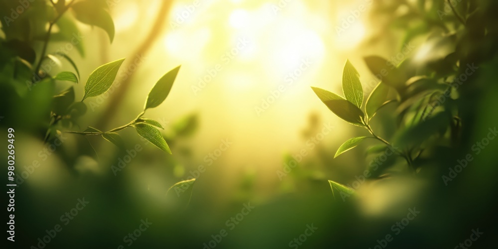 Fototapeta premium Sunlight filters through lush green leaves, creating a serene and tranquil atmosphere perfect for nature-themed projects.