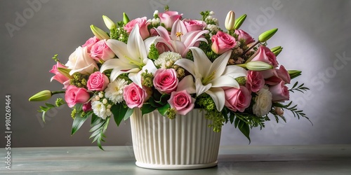 Elegant arrangement of pink lilies, roses, and assorted white flowers in a classic ribbed white round vase on a light gray background.