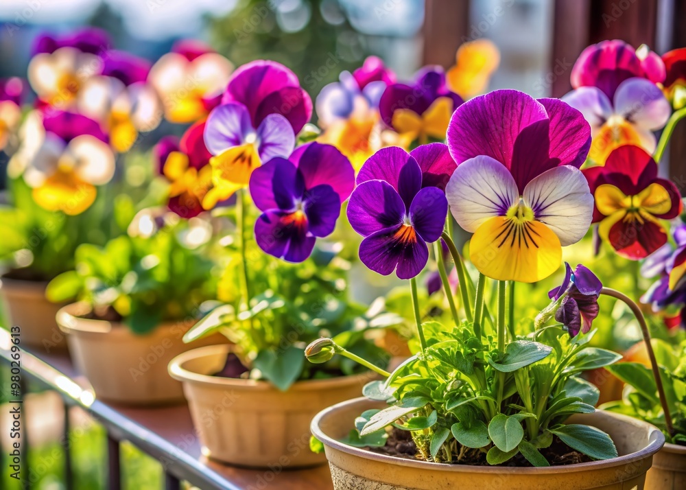 Vibrant Viola Cornuta and pansies bloom together in decorative flower pots on a spring balcony, showcasing delicate petals and intricate details in close-up shot.
