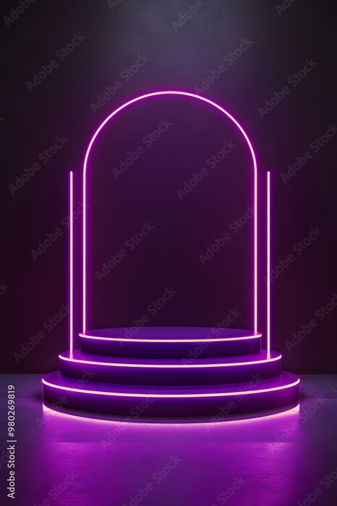 Round podium illuminated by purple neon lights, vertical background with futuristic and minimalist aesthetic Round podium illuminated by purple neon lights, vertical background with futuristic and minimalist aesthetic