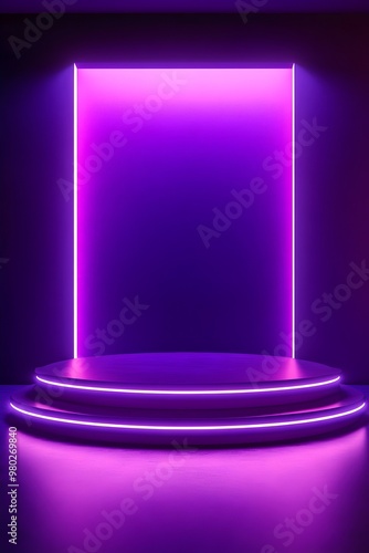 Empty double round stage illuminated with purple neon lights on vertical background photo