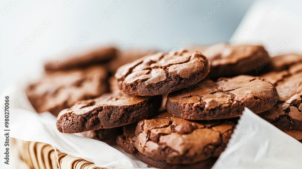Freshly baked chocolate cookies in a woven basket with parchment paper ready for sharing in a cozy kitchen background. Freshly baked chocolate cookies in a woven basket with parchment paper ready for sharing in a cozy kitchen background.