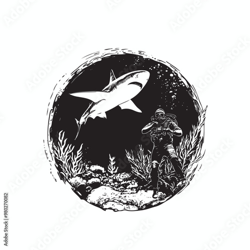scuba diving with shark vector logo