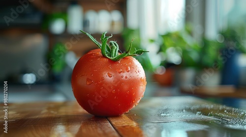 Supersized shiny tomato placed on a kitchen counter. photo